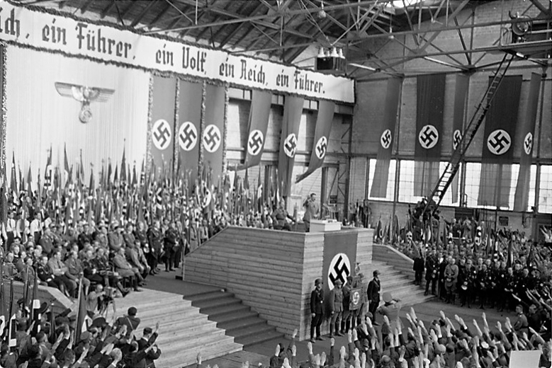Adolf Hitler speaks in the Weitzer wagon factory in Graz